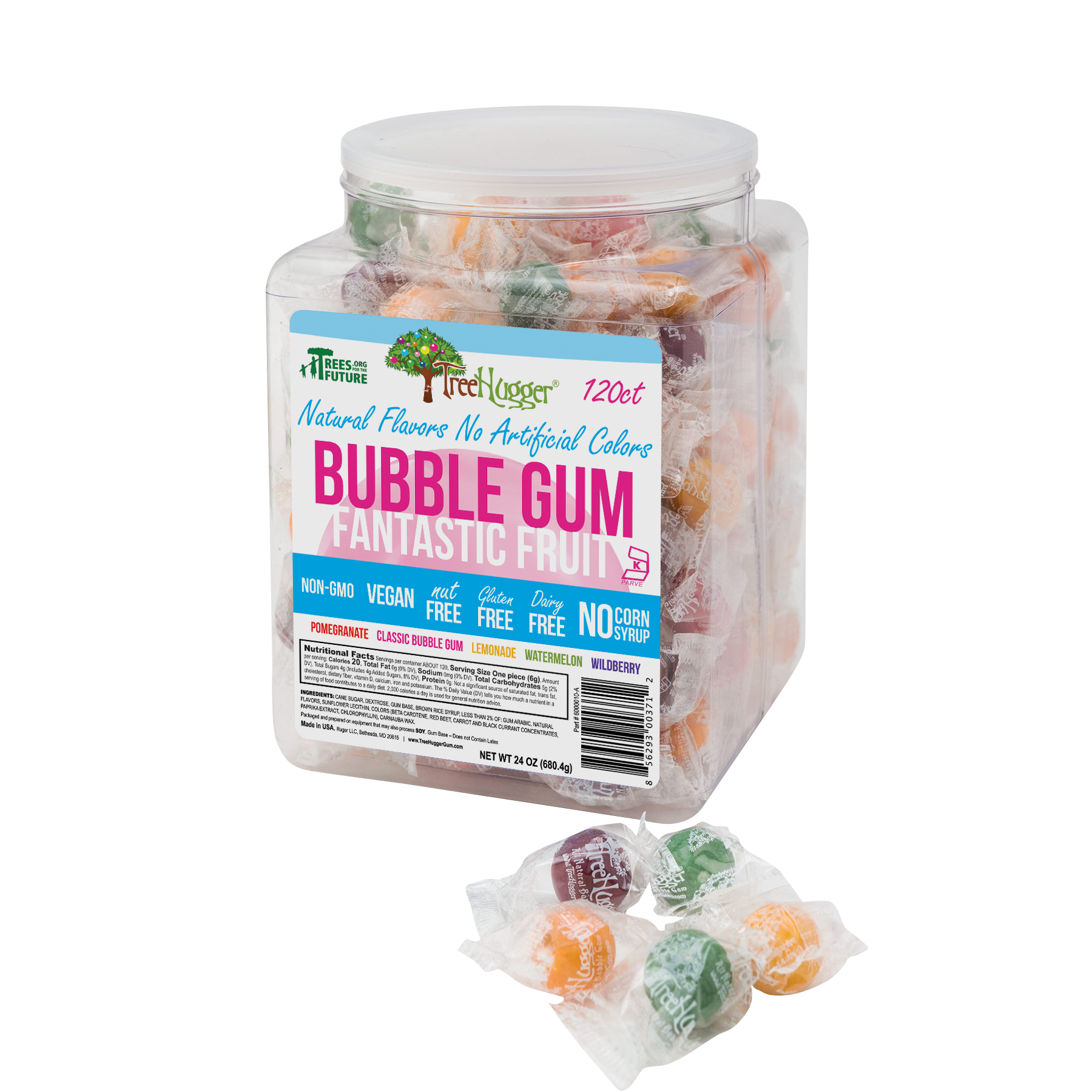 Tree Hugger Bubble Gum 120 Count Tubs Changemaker Fantastic Fruit Asst. - individually wrapped- ITEM 400435 image 0