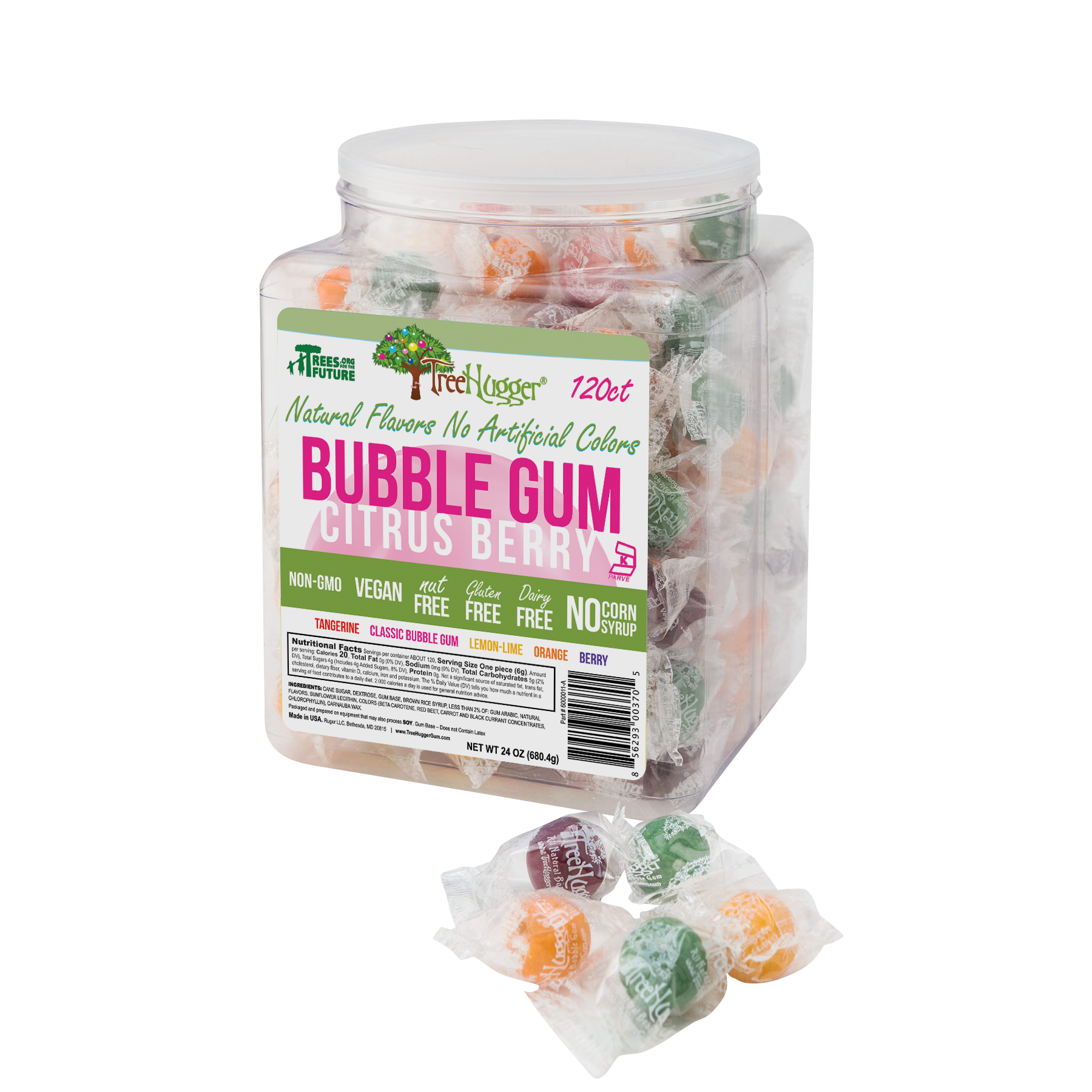 Tree Hugger Bubble Gum 120 Count Tubs Changemaker Citrus Berry Asst. - individually wrapped- ITEM 400436 image 0