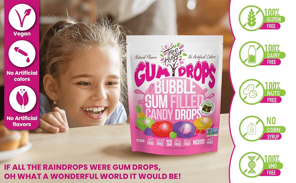 TREE HUGGER BUBBLE GUM FILLED CANDY DROPS - 12 x 4.4 OZ BAGS (About 25 Gum Drops Per Bag)