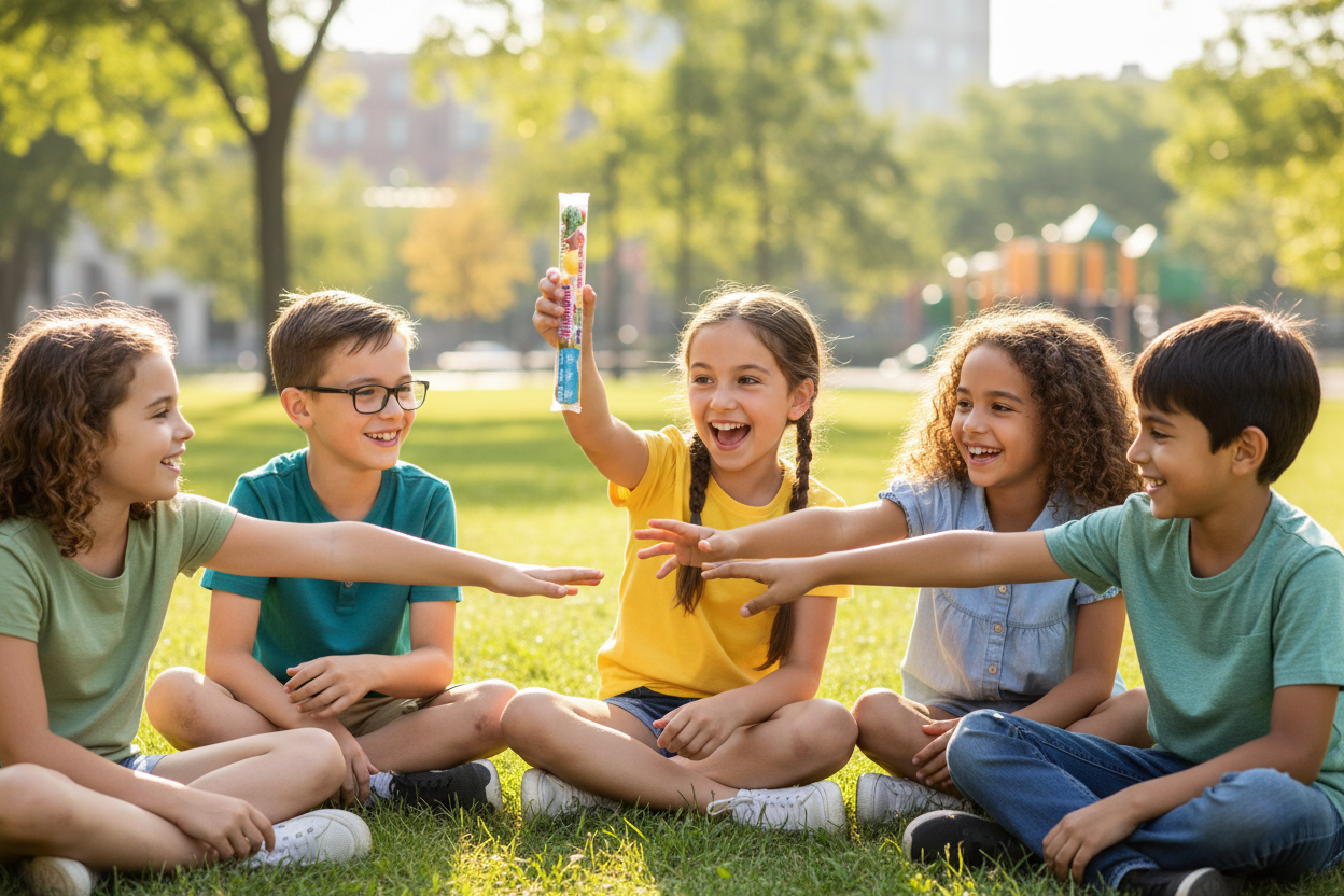 Group of older kids sharing correct Tree Hugger tube
